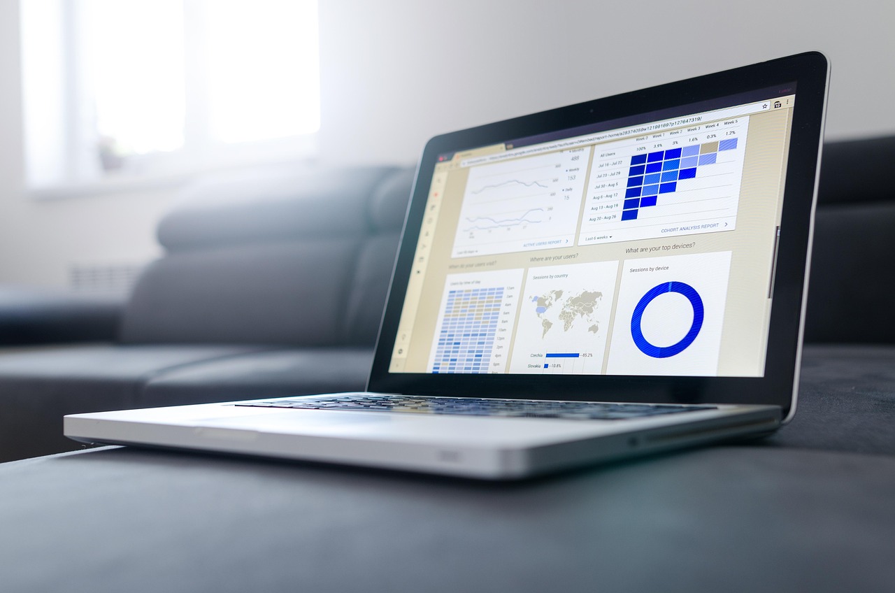 Laptop on an office desk showing website analytics for a local business