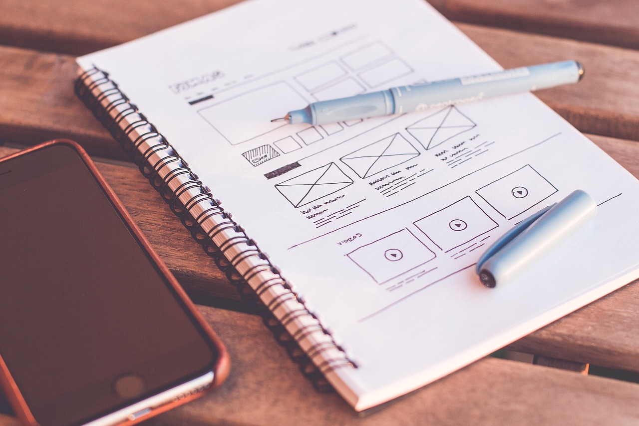 Notebook with hand-drawn website plans and sketches